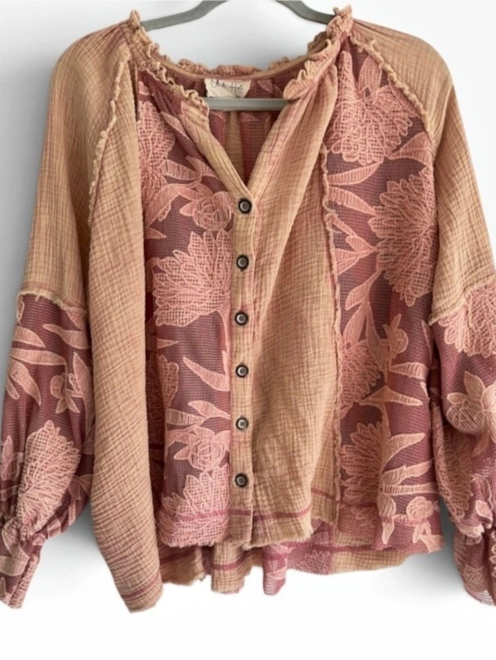 Ole & Hali Floral Button Front Blouse in Pink & Brown Size Small